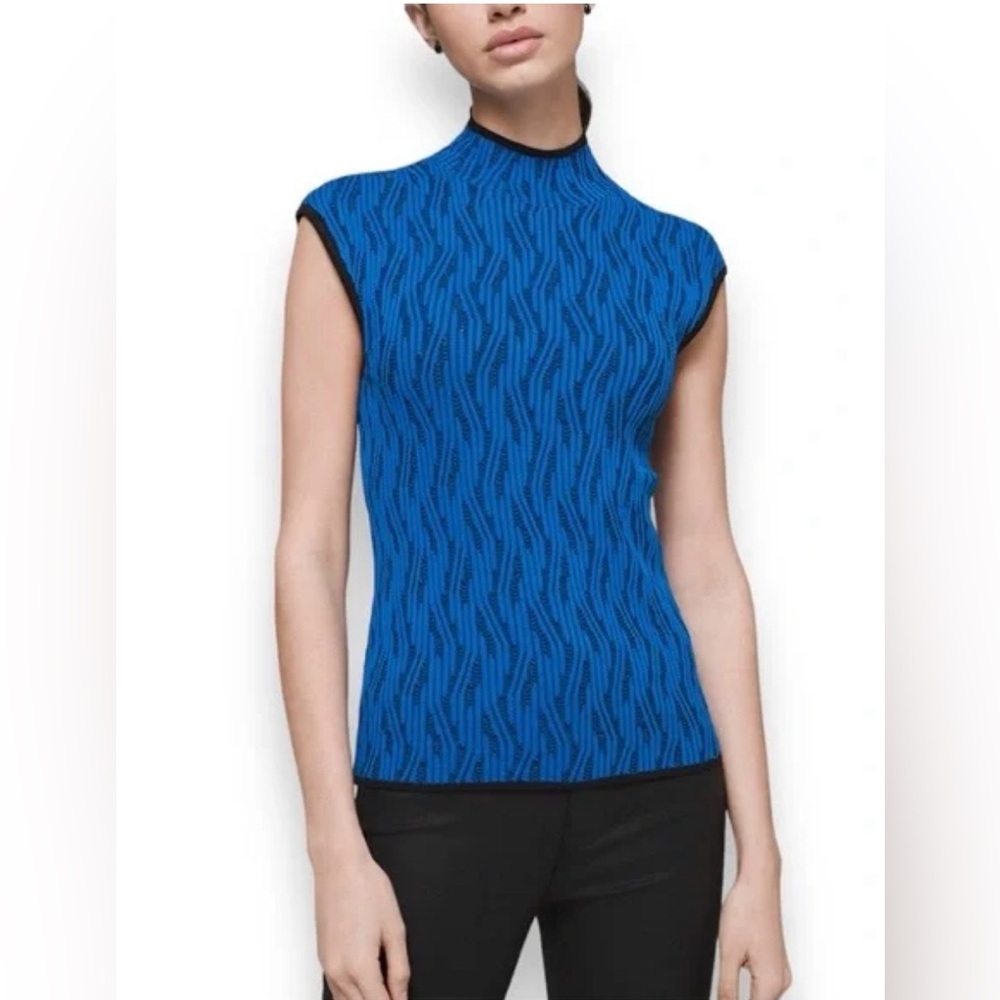 White House Black Market Womens Mockneck Sweater Blue Black Small Sleeveless Top